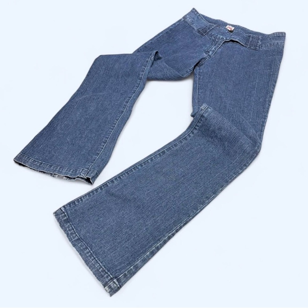 Y2K Isca Collection blue ultra low rise denim flare jeans Size 26 with stretch